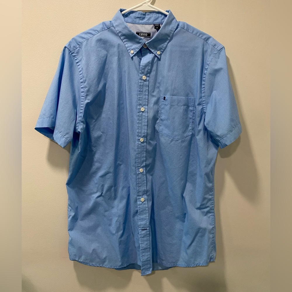 Mens IZOD Short Sleeve Button Down Shirt Medium Light Blue
